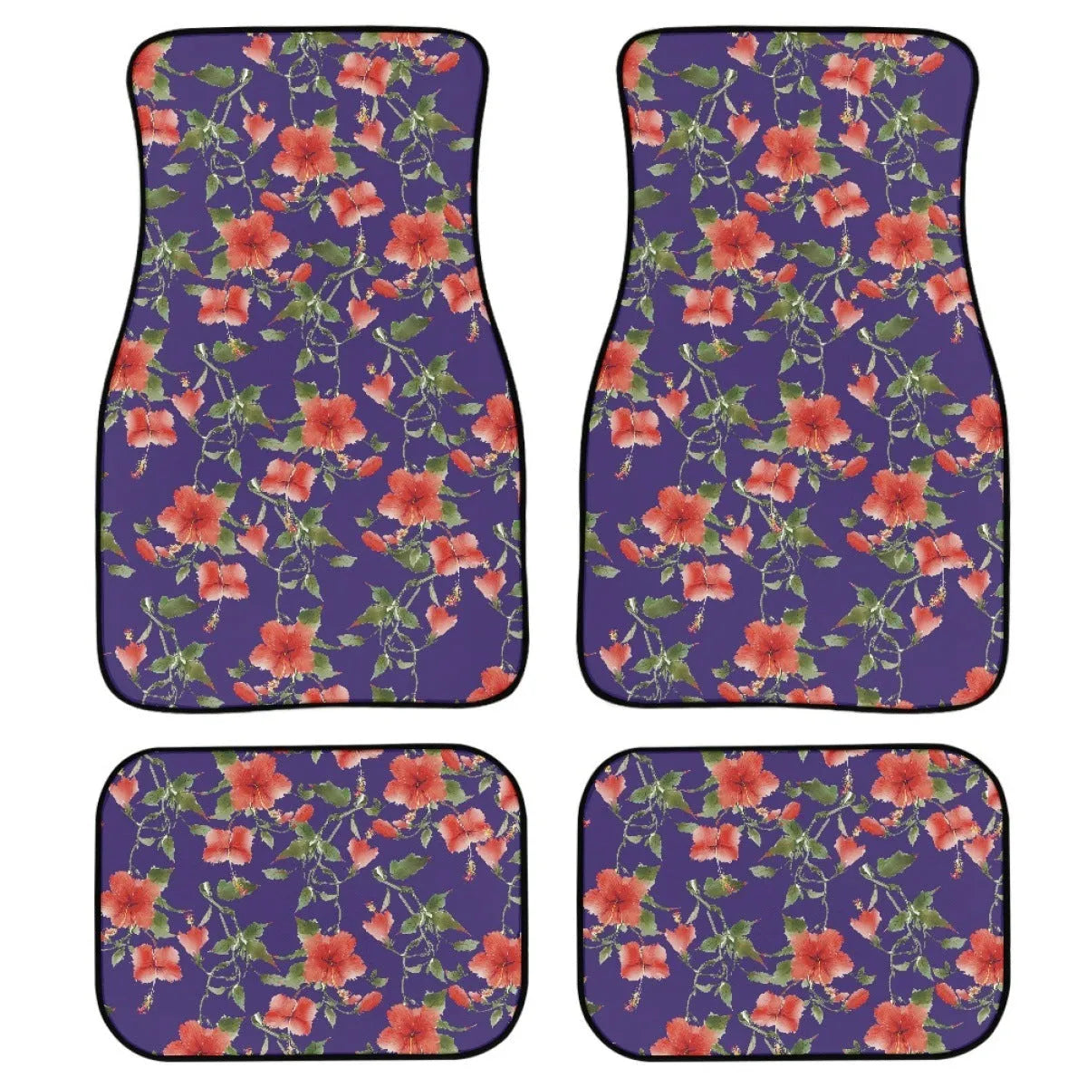 Black four-piece rubber car foot mat set with a textured surface.