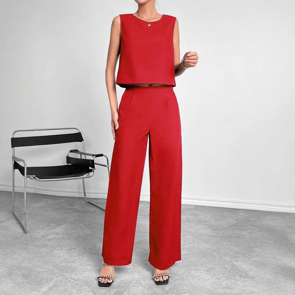 Red women's sleeveless top and wide leg trousers two-piece set on hanger