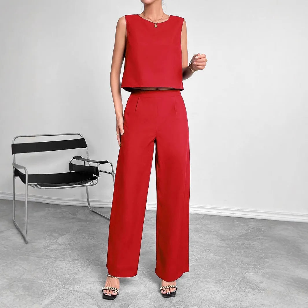 Red women's sleeveless top and wide leg trousers two-piece set on hanger