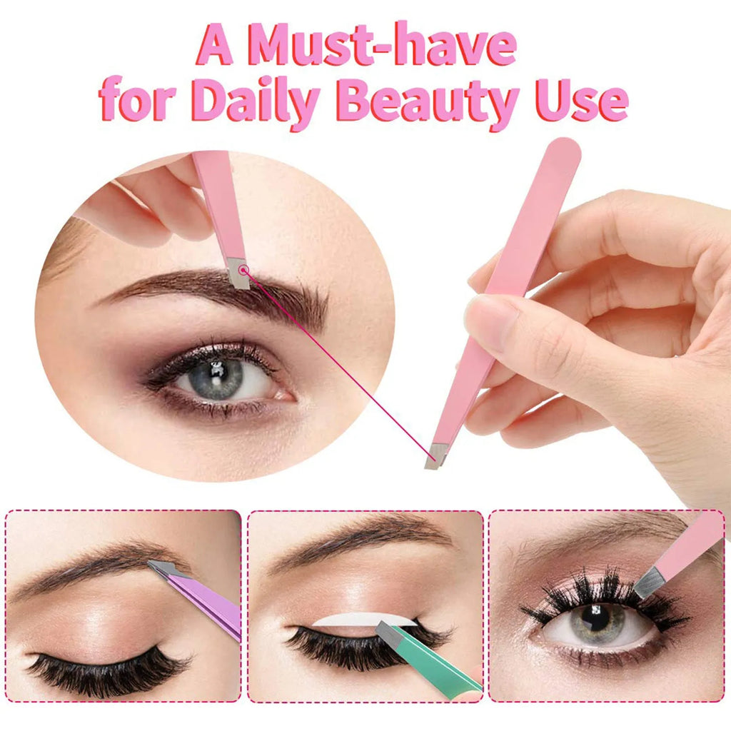 Six-piece professional eyebrow tweezers set with stainless steel tools and leather case