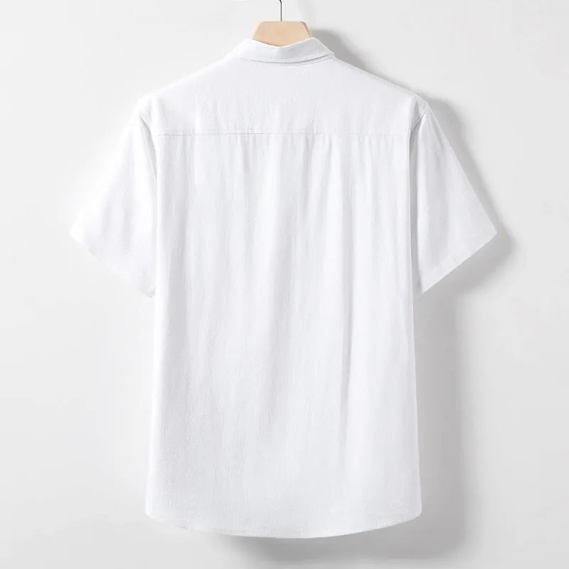 Men's loose fit linen blend T-shirt with lapel neckline and short sleeves in solid colour.