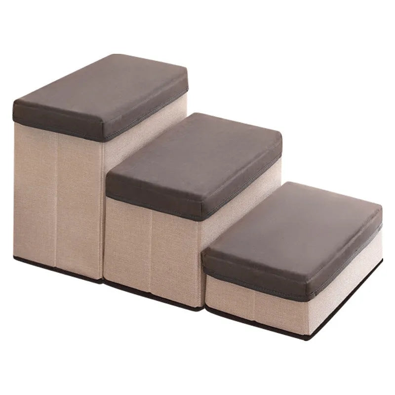 Foldable three-level dog stairs in brown or grey with cloth cover and non-slip surface