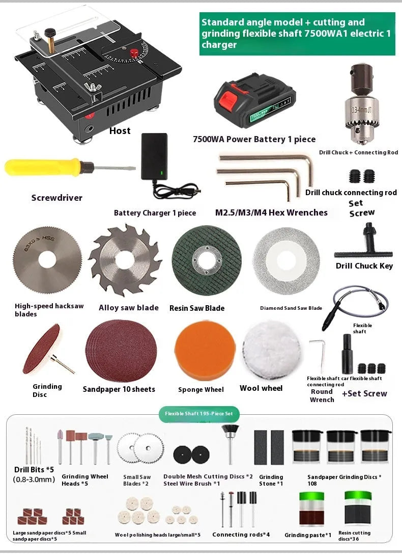 Lithium ion micro household desktop saw with metal construction and angle adjustment feature