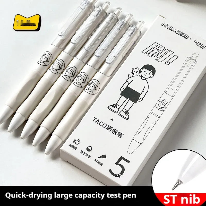 Five white Taco ballpoint pens with black 0.5mm tips arranged together