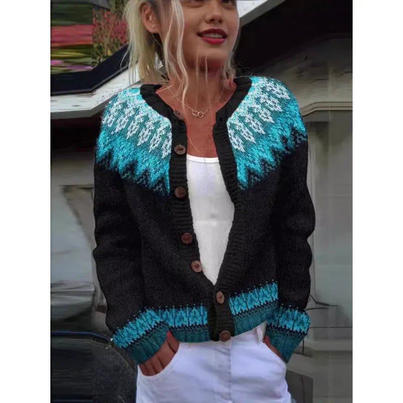 Yellow knitted cardigan coat with a raised 3D digital print pattern