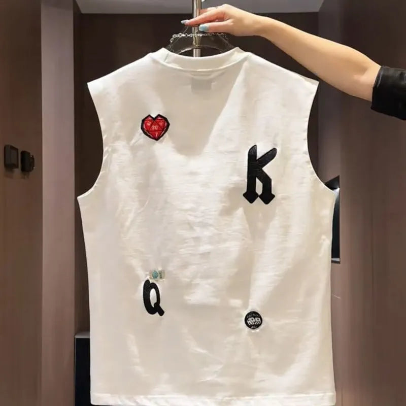 Men's white cotton sleeveless vest with cartoon print graphic in loose fit style