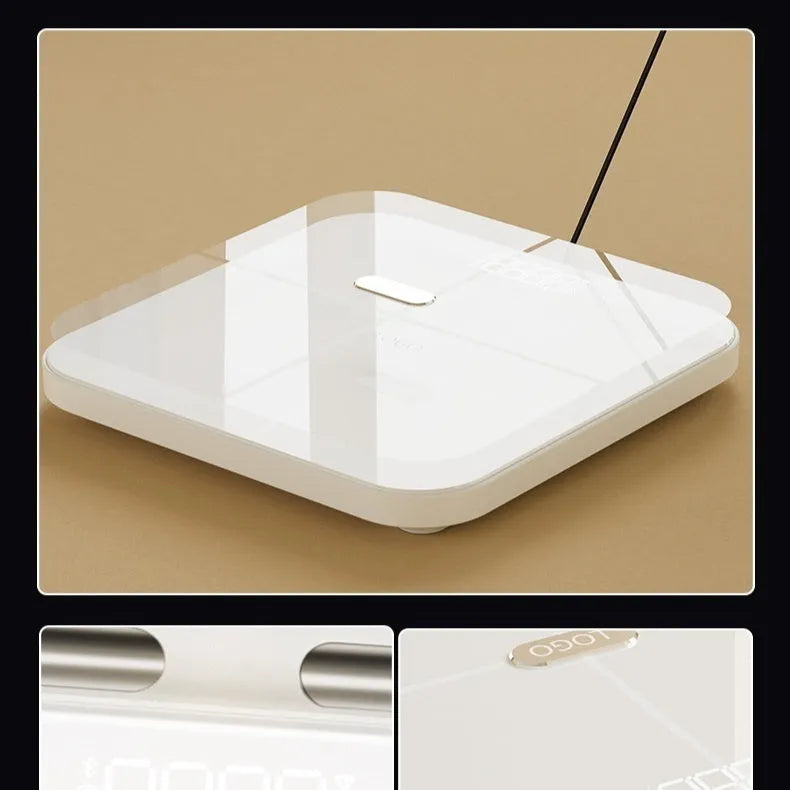 White professional body fat scale with eight electrodes and LED display on tempered glass platform