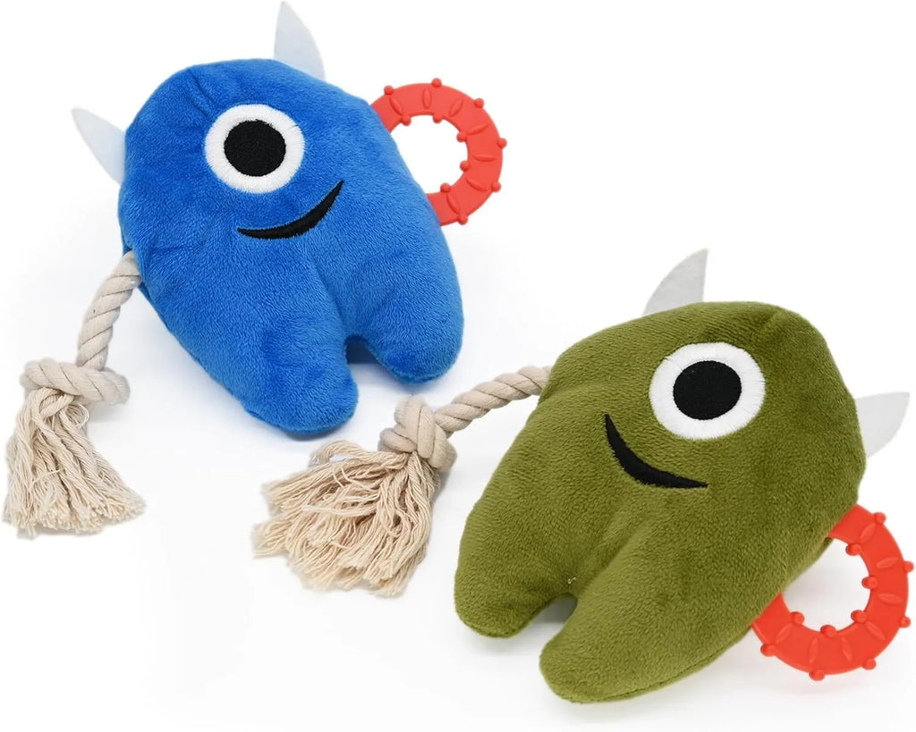 Blue and green plush dog toy with cotton rope elements and squeaker for chewing and tug of war play.
