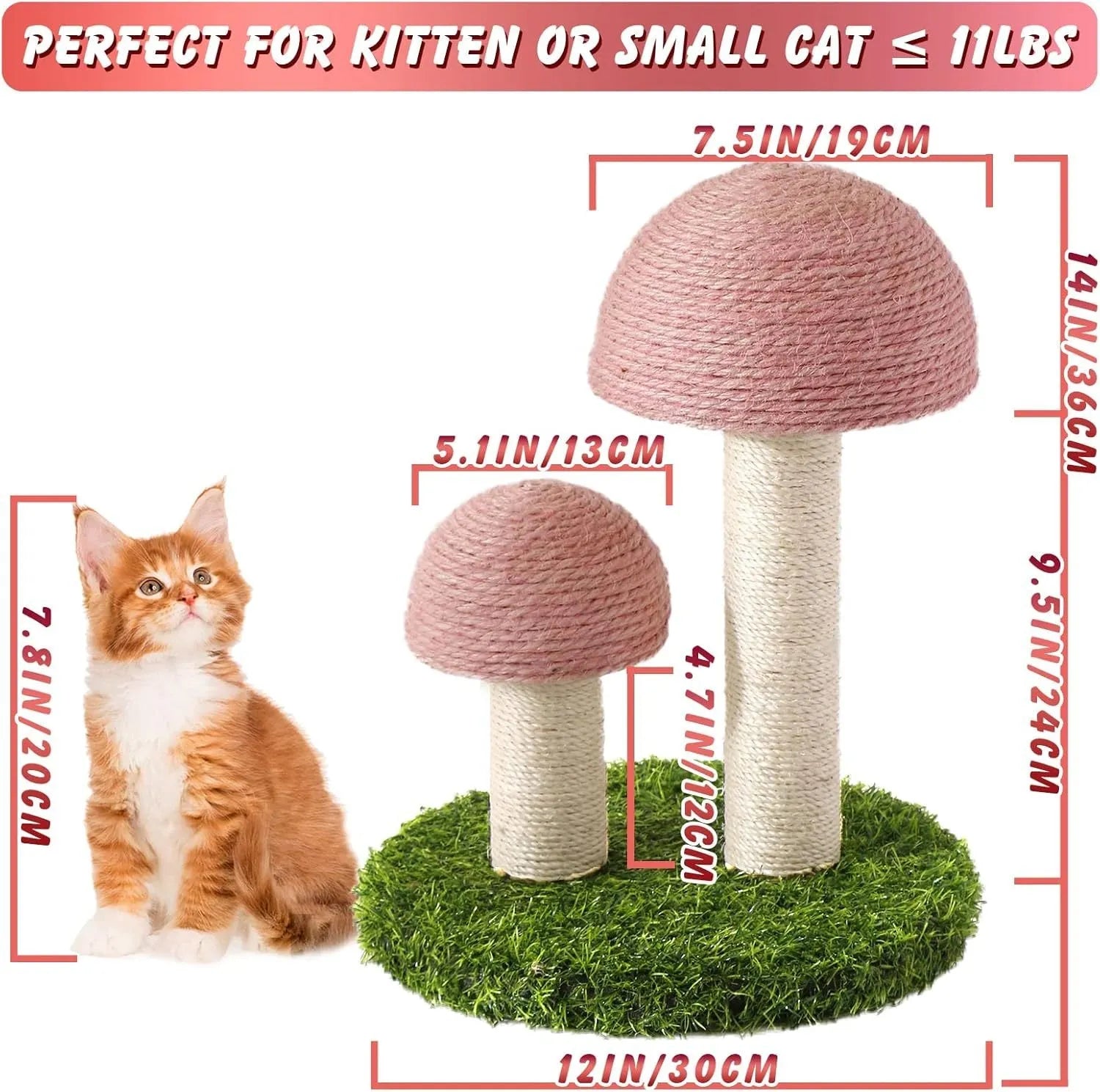 Pink mushroom-shaped cat scratching post with sisal-covered caps and pole for kittens.