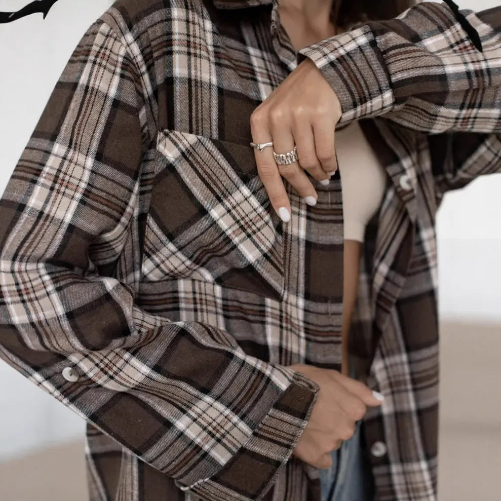 Dark brown women's retro striped long sleeve cotton shirt shown with and without a chest pocket.