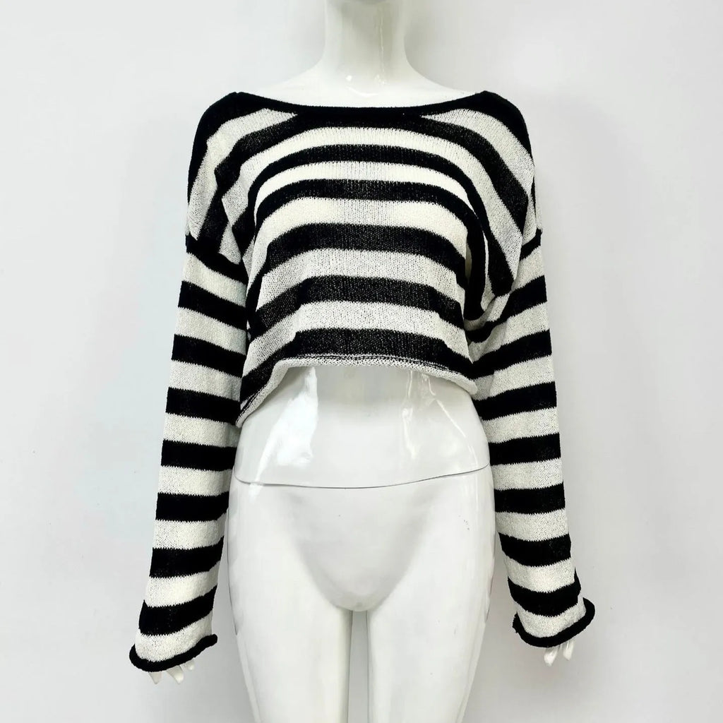 Striped long-sleeved sweater with front and back wearable design and exposed navel detail.