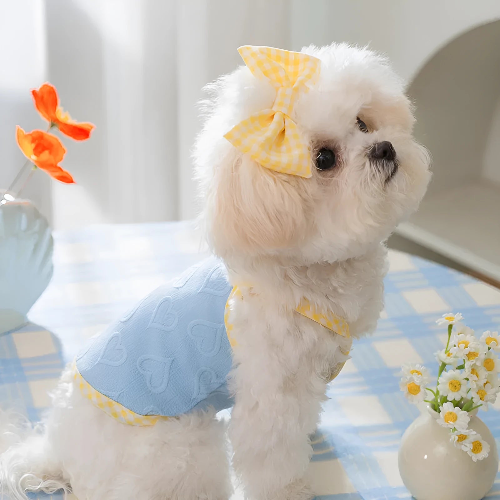 Small dog wearing heart bow vest with elastic suspenders in Bondi Blue colour