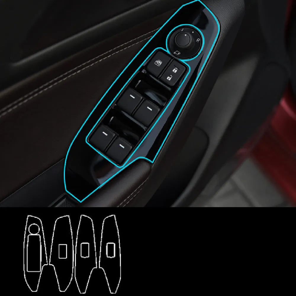 Set of four TPU protective films for car door control panel, shown in transparent, matte black, and carbon fibre black finishes.