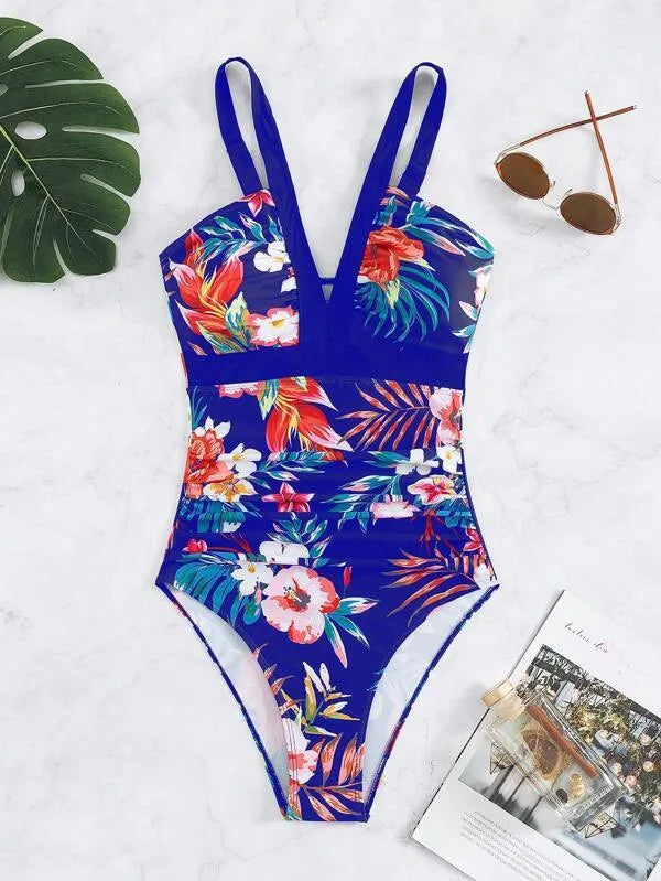 Women's floral one-piece swimsuit in backless design with high elasticity for swimming