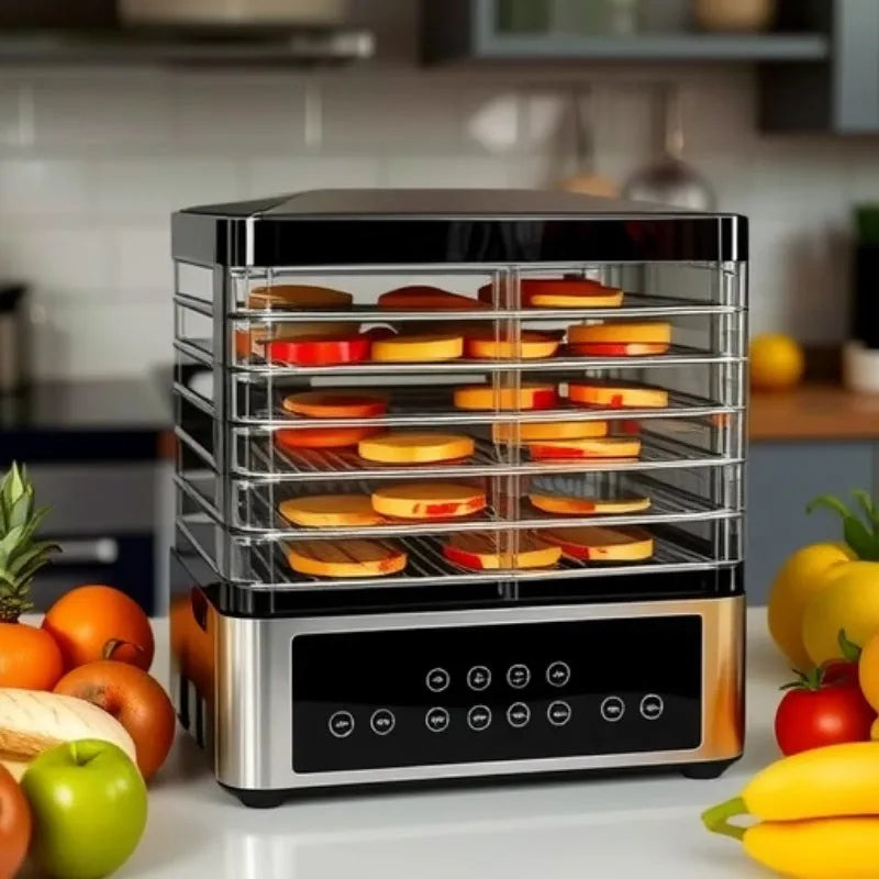 Silver stainless steel fruit dehydrator with 14 litre capacity and temperature control dial