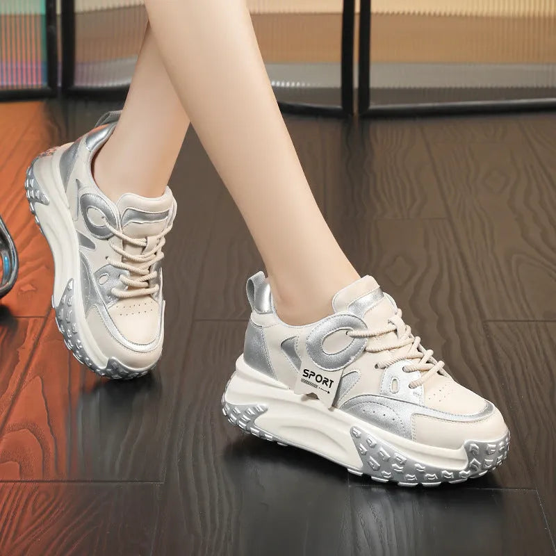 Leather sports casual shoes with thick wedge soles in silver, carmine, black coffee, and black and white colours