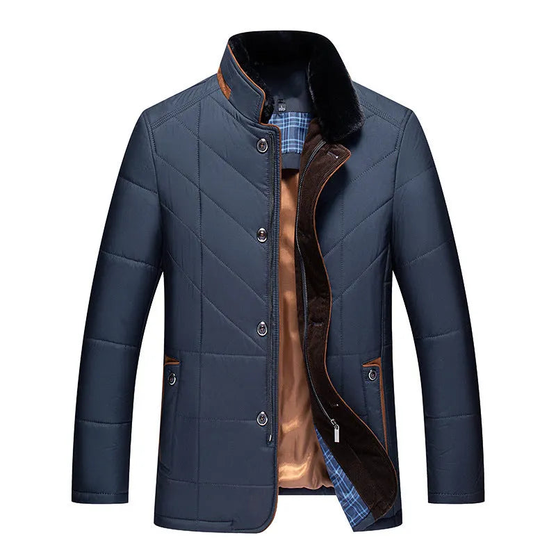 Men's solid-colour short winter padded coat with side seam pockets, shown in dark blue.