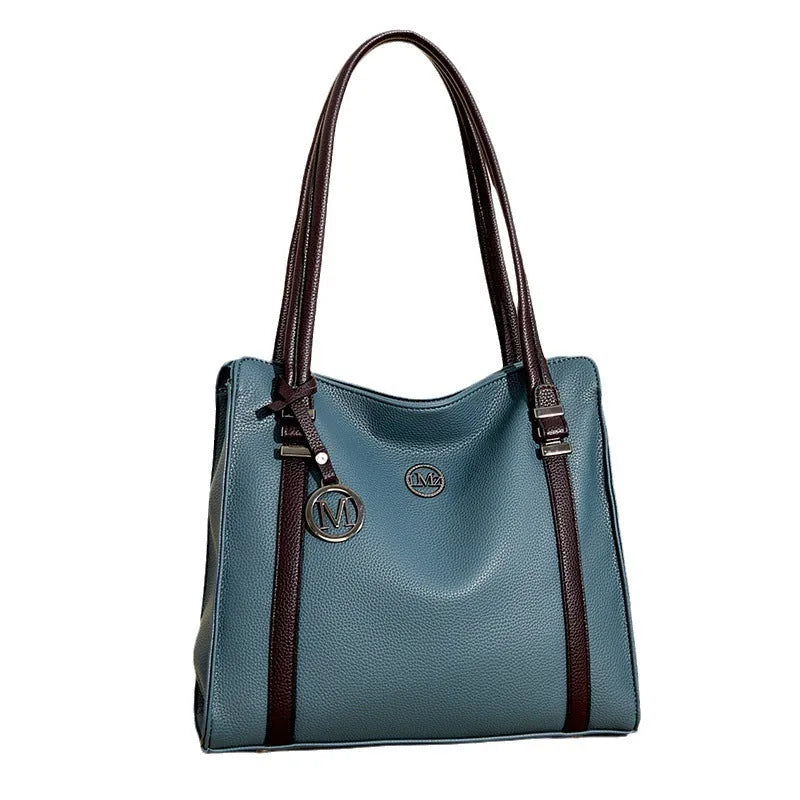 Women's retro style large black PU crossbody bag with double shoulder strap shown open.