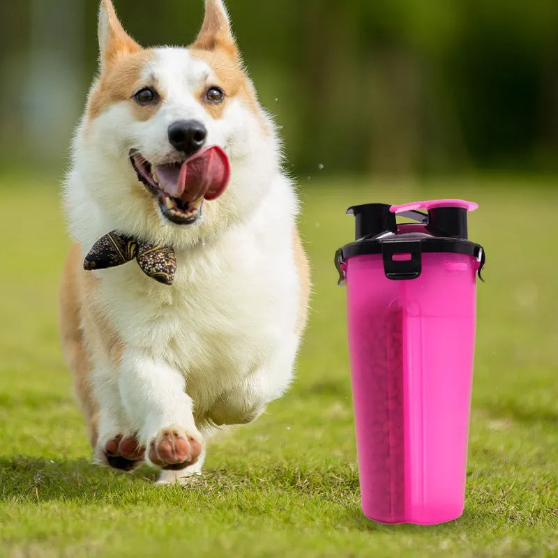 Portable white and red dog water and food cup with separate compartments for outdoor use