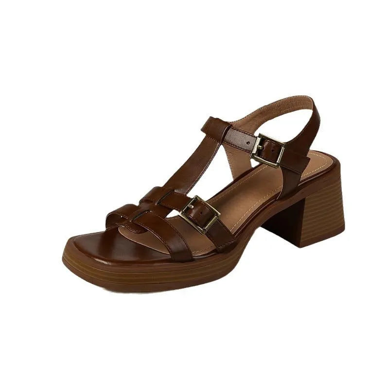 Women's black retro platform sandals with T-buckle and chunky heel