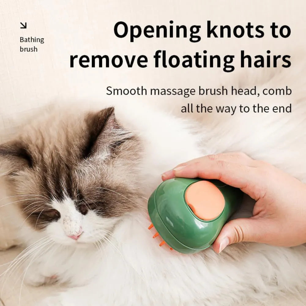 Green and white rechargeable cat steam brush with water spray and silicone grooming teeth