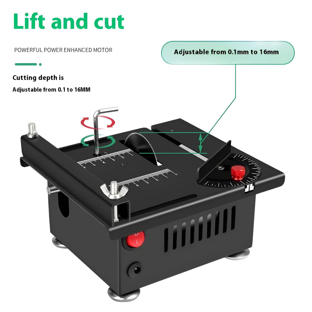 Lithium ion micro household desktop saw with metal construction and angle adjustment feature