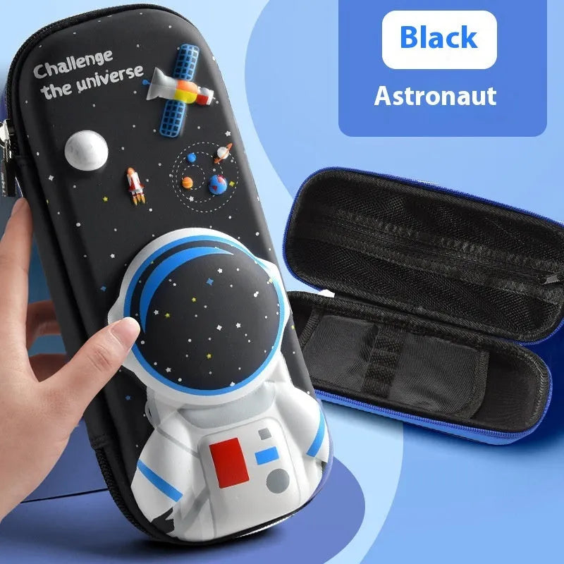 3D leather pencil case showing embossed astronaut and dinosaur design options.