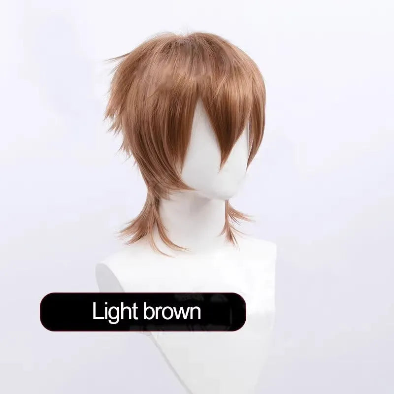 Short anime-style cosplay wig with a lengthened, straight hair tail on a wig stand.