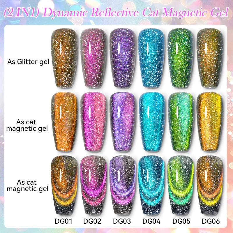 Six bottles of Diamond In The Debris Cat Eye Series UV gel nail polish in colours 01, 02, 03, 04, 05, and 06 with glitter.
