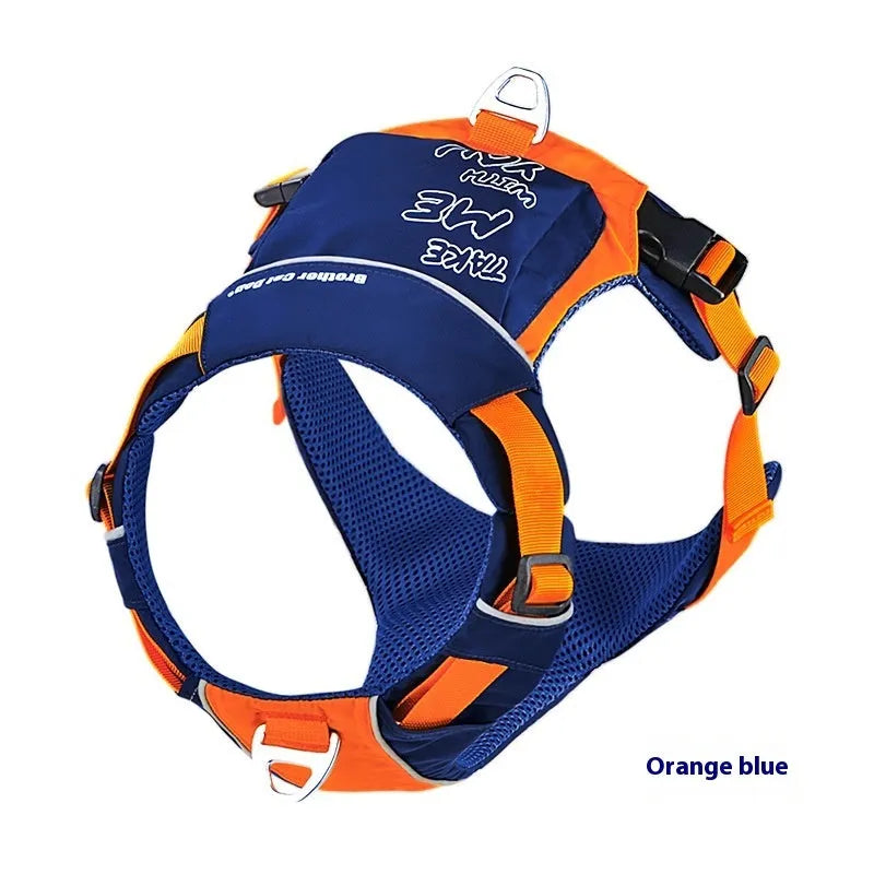 Orange blue nylon dog chest strap vest harness with hand rope attachment shown in S size