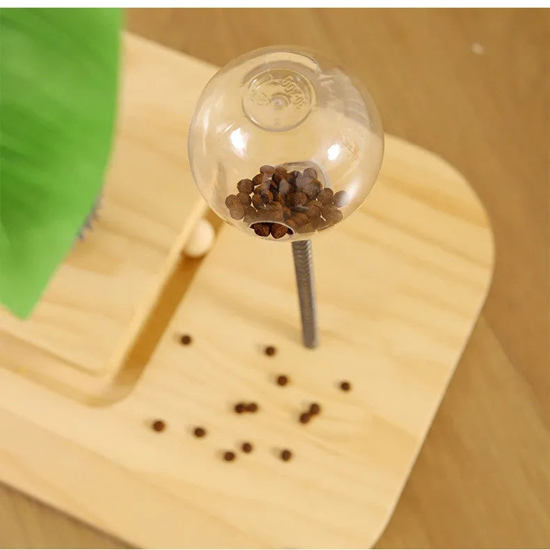 Canna coloured wooden cat scratching post with vertical pole, grab column, and food drop ball