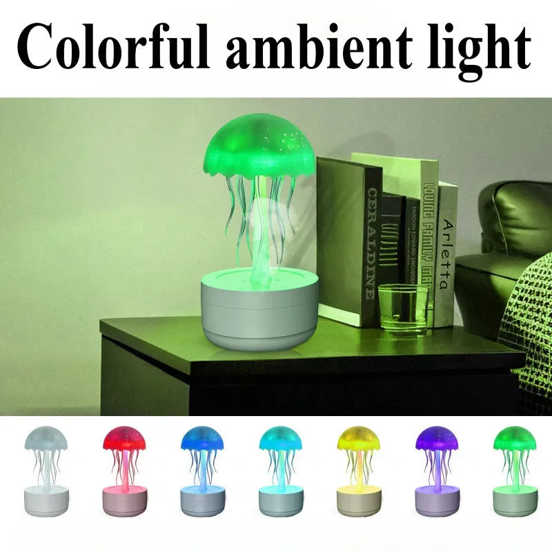 White jellyfish-shaped humidifier and essential oil diffuser with colourful night light on wooden desk