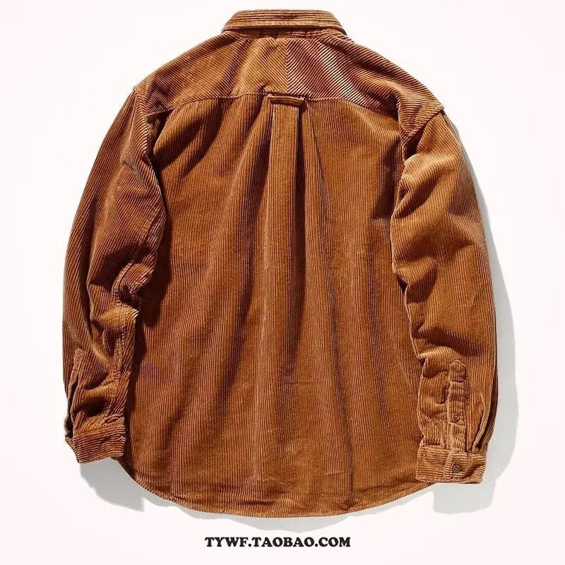 Long sleeve corduroy shirt in loose cardigan fit with Japanese Hong Kong style in caramel colour
