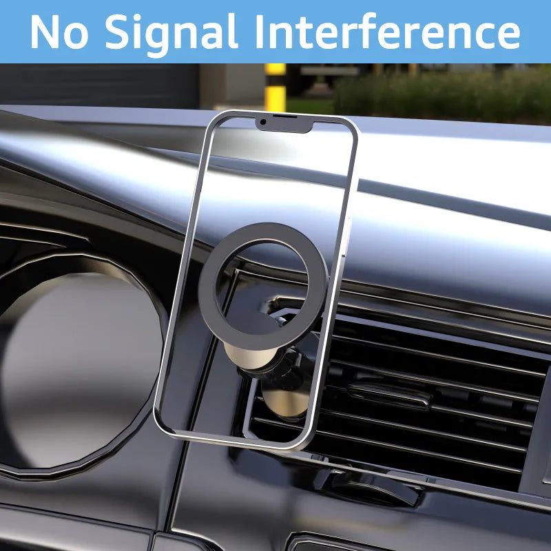 Black magnetic car air vent phone holder with O-ring design holding a smartphone