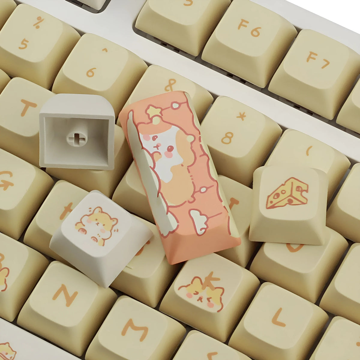 Set of custard colour mechanical keyboard keycaps with cute design for 68 75 98 100 key layouts