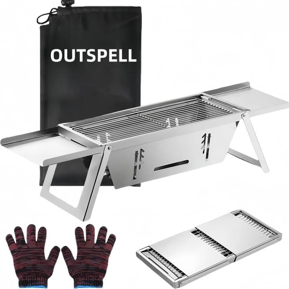 Small portable folding metal charcoal grill for outdoor barbecues.