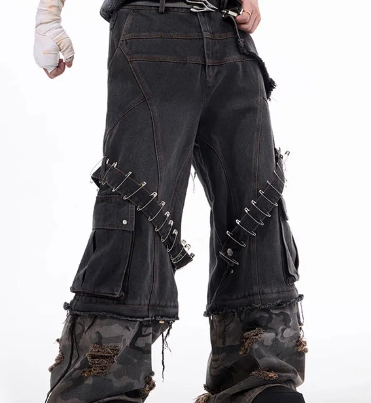 Men's grey camouflage jeans with pin and ribbon detailing on cotton denim fabric