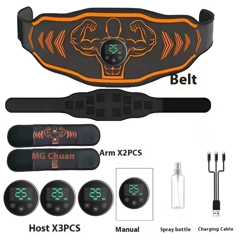 Orange and blue EMS smart massage belt sets with control host, main belt, and arm electrode pads.