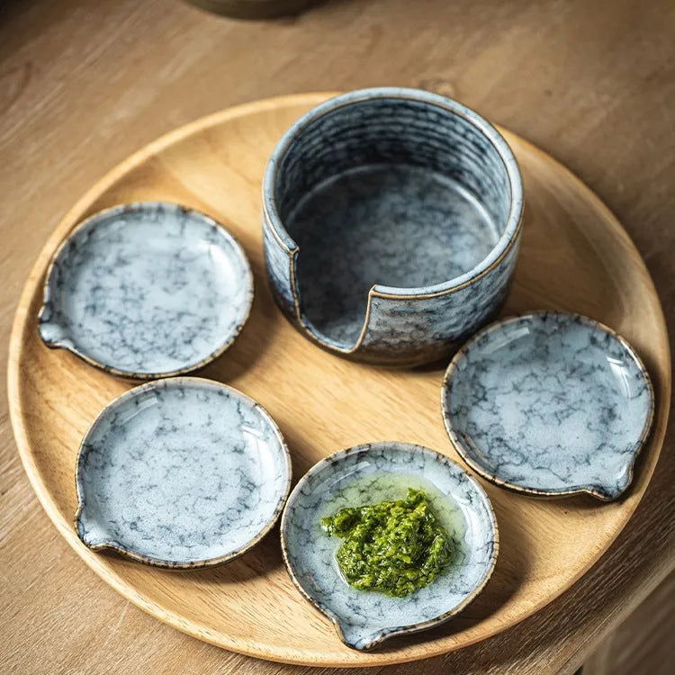 Japanese porcelain seasoning dish set with 4 small plates and 1 tray, irregular shape, available in five colours