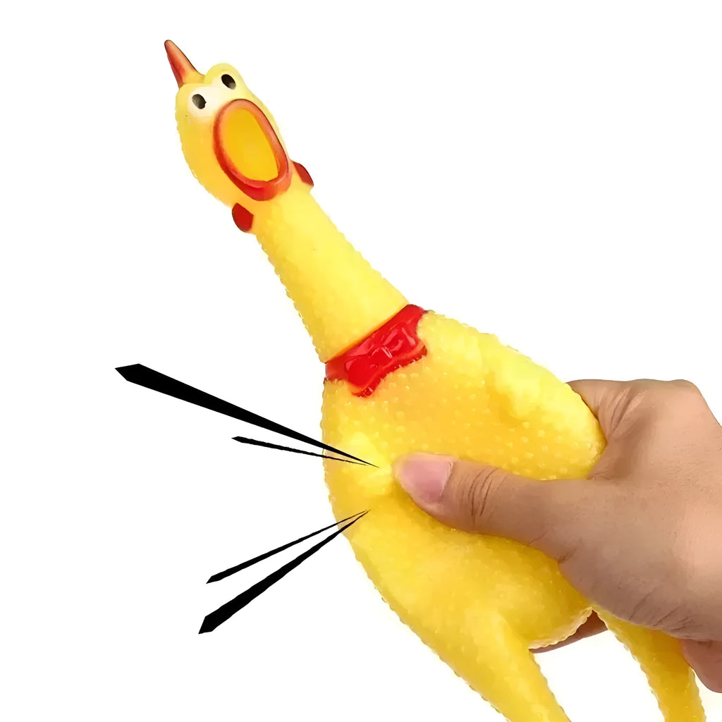 Yellow rubber squeaky chicken dog chew toy shown in small, medium, and large sizes.