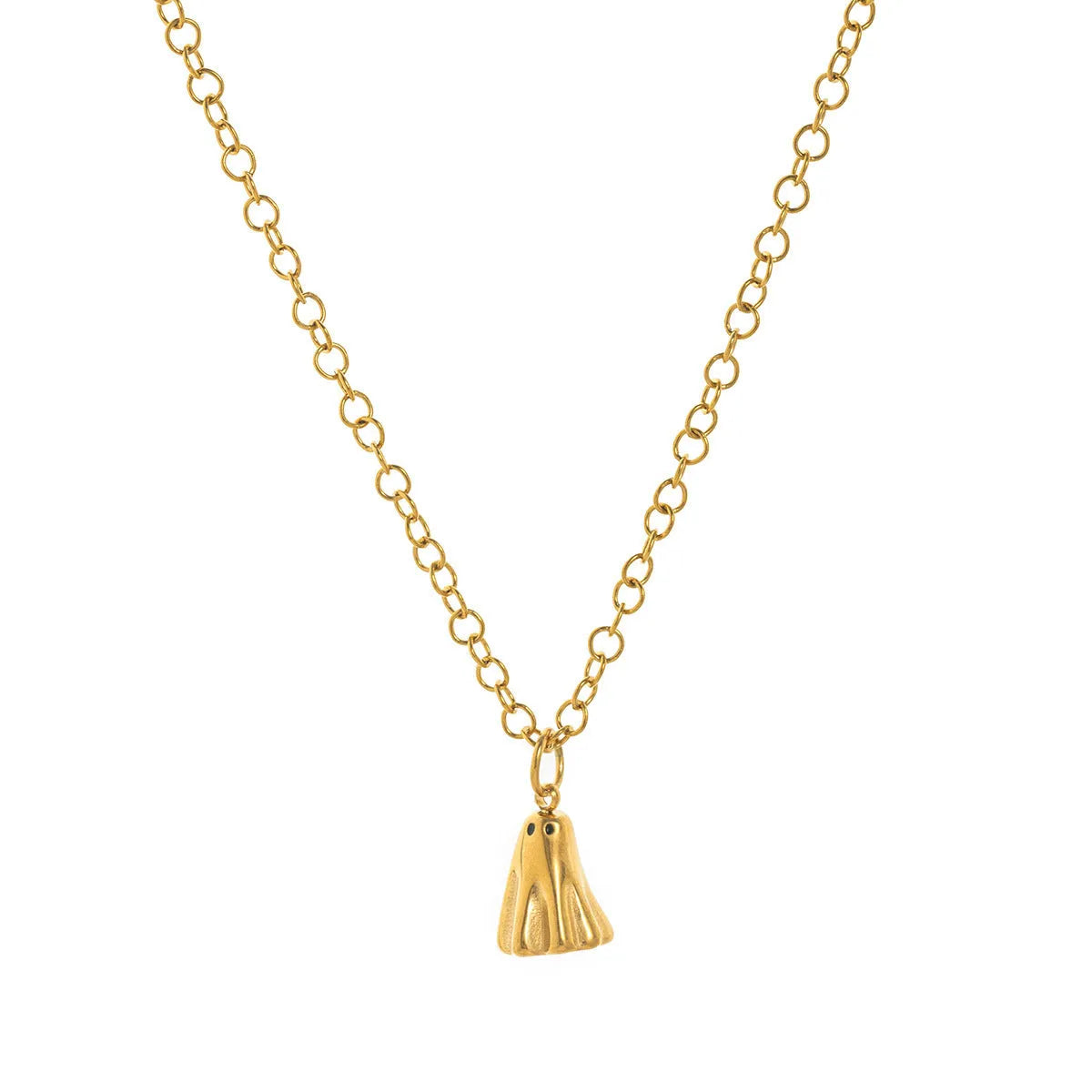 Ghost pendant necklace on a stainless steel chain with choice of cable, Figaro, or mini staple style.