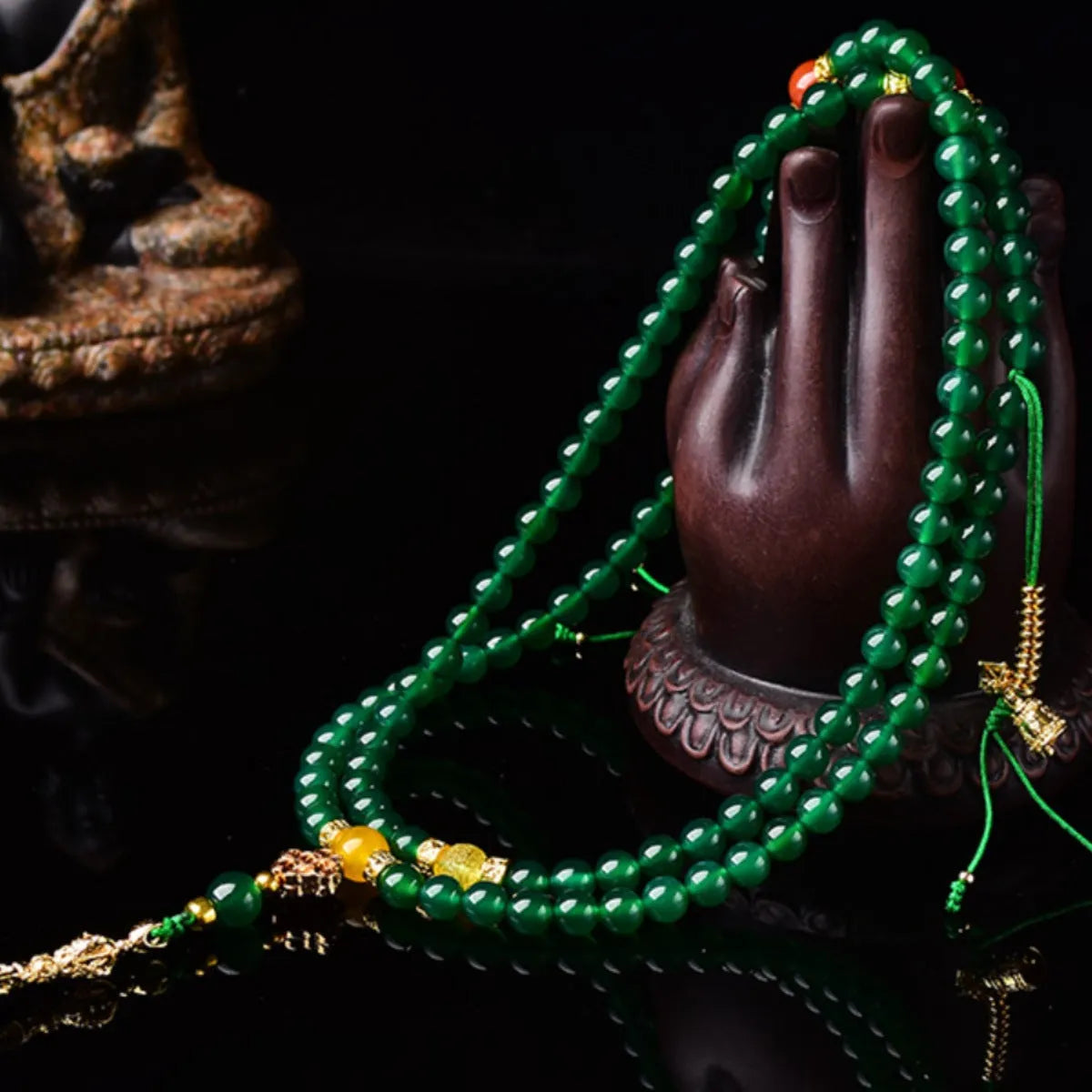 Natural green agate multi-circle bracelet for men and women on a wrist, showing bead detail.