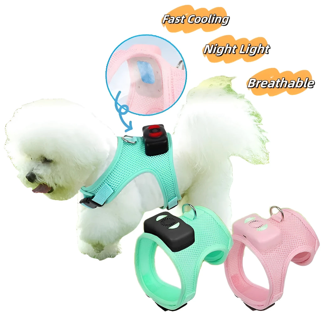 Small dog cooling harness with air conditioner, breathable mesh, LED night light, mint green or cherry pink, XS-L