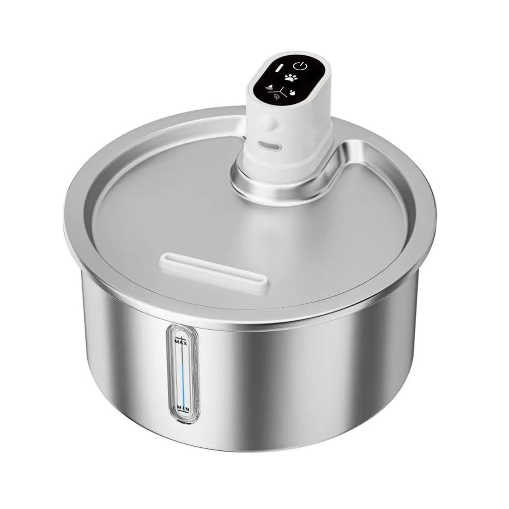White cat water fountain with stainless steel top and LED display for temperature control on base.