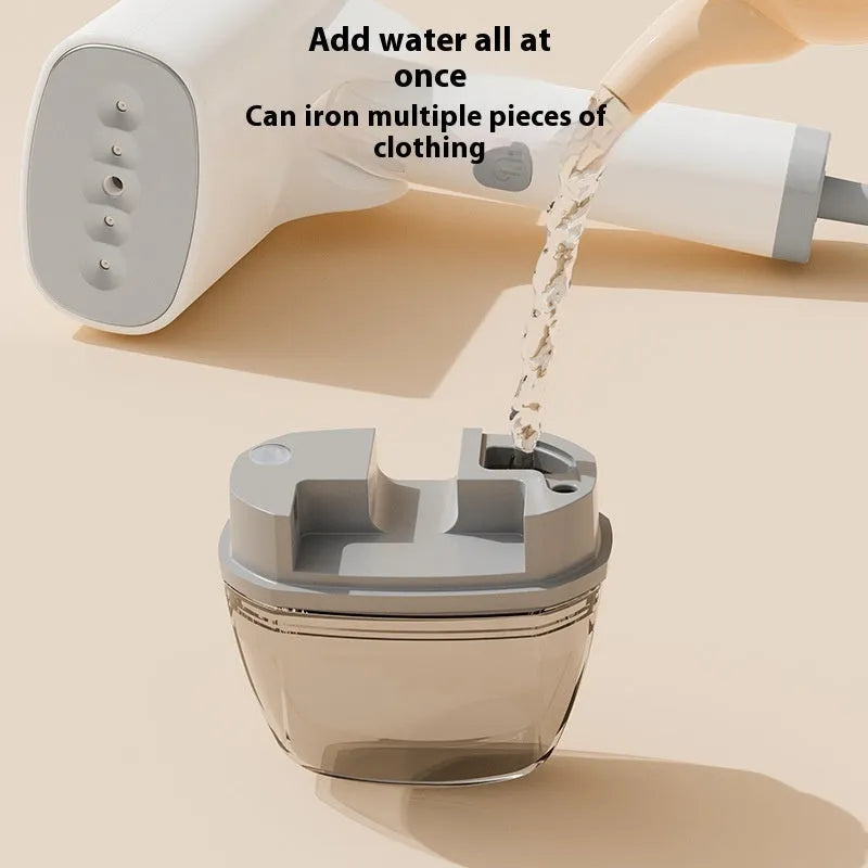 Blue and white handheld garment steamer with compact design and water tank.