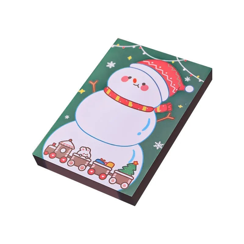 Christmas cartoon sticky notes showing elf, Santa, gift, sled, ball, house, bear, and snowman designs