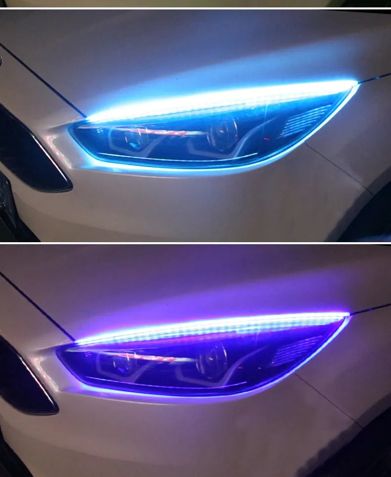 Universal LED headlight streamer with remote control showing RGB colourful lighting in 30cm, 45cm, and 60cm length options