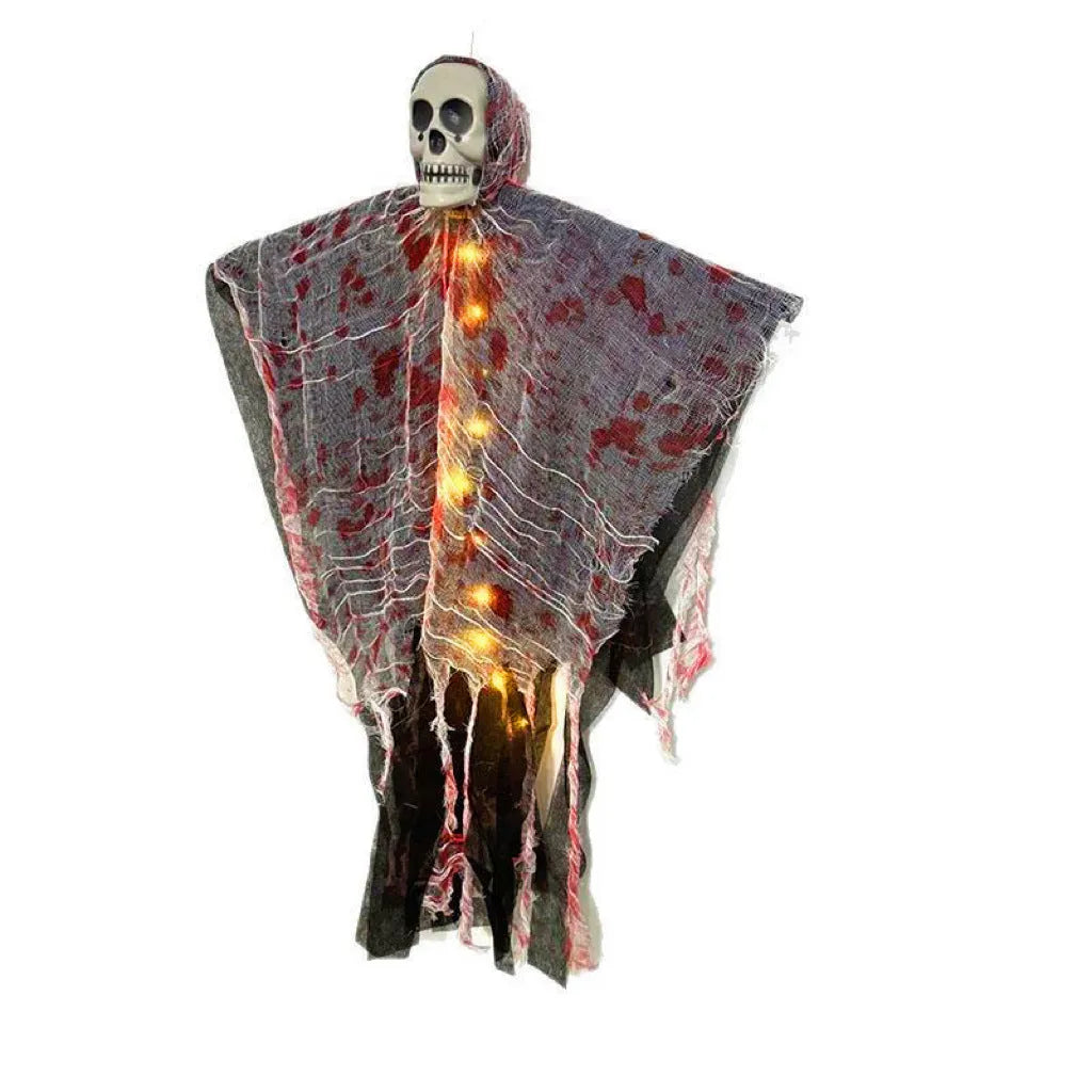 Plastic Halloween decoration showing luminous hanging ghost with blood-dyed skull design