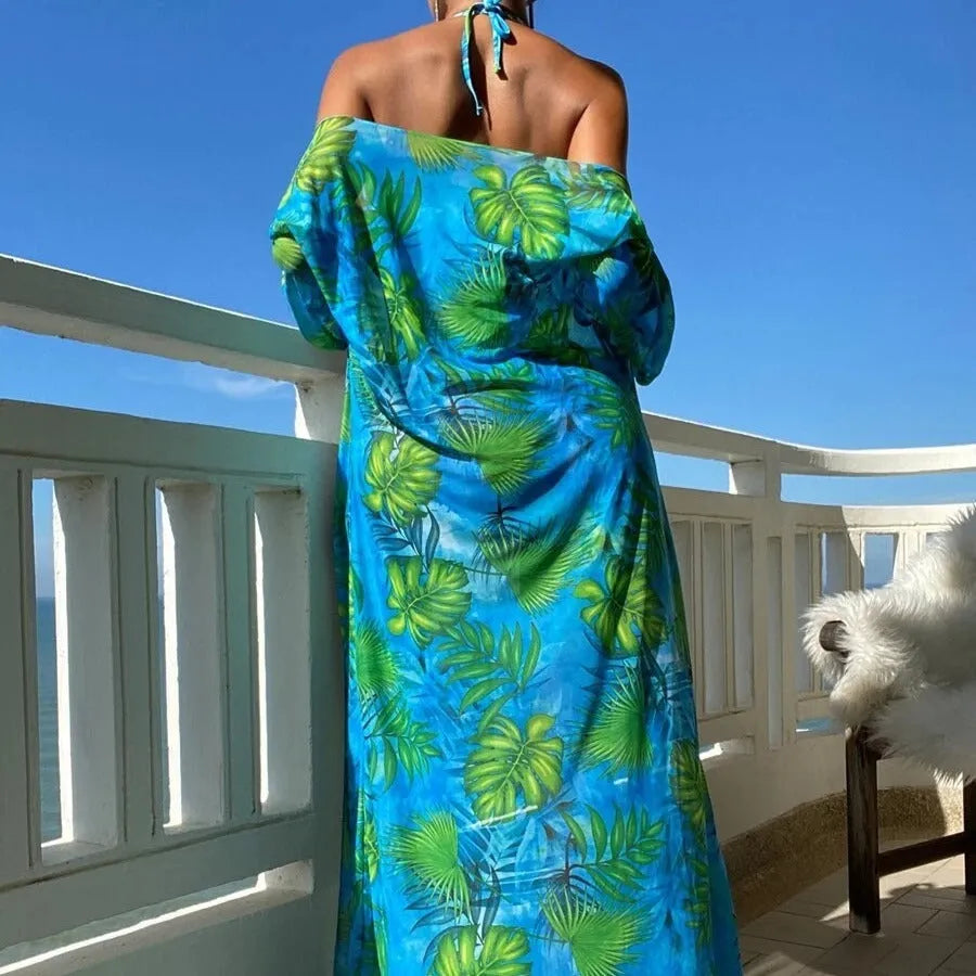 Floral pattern swimwear set with long sleeve blouse, banded bikini briefs, and matching outer robe in multiple colour options