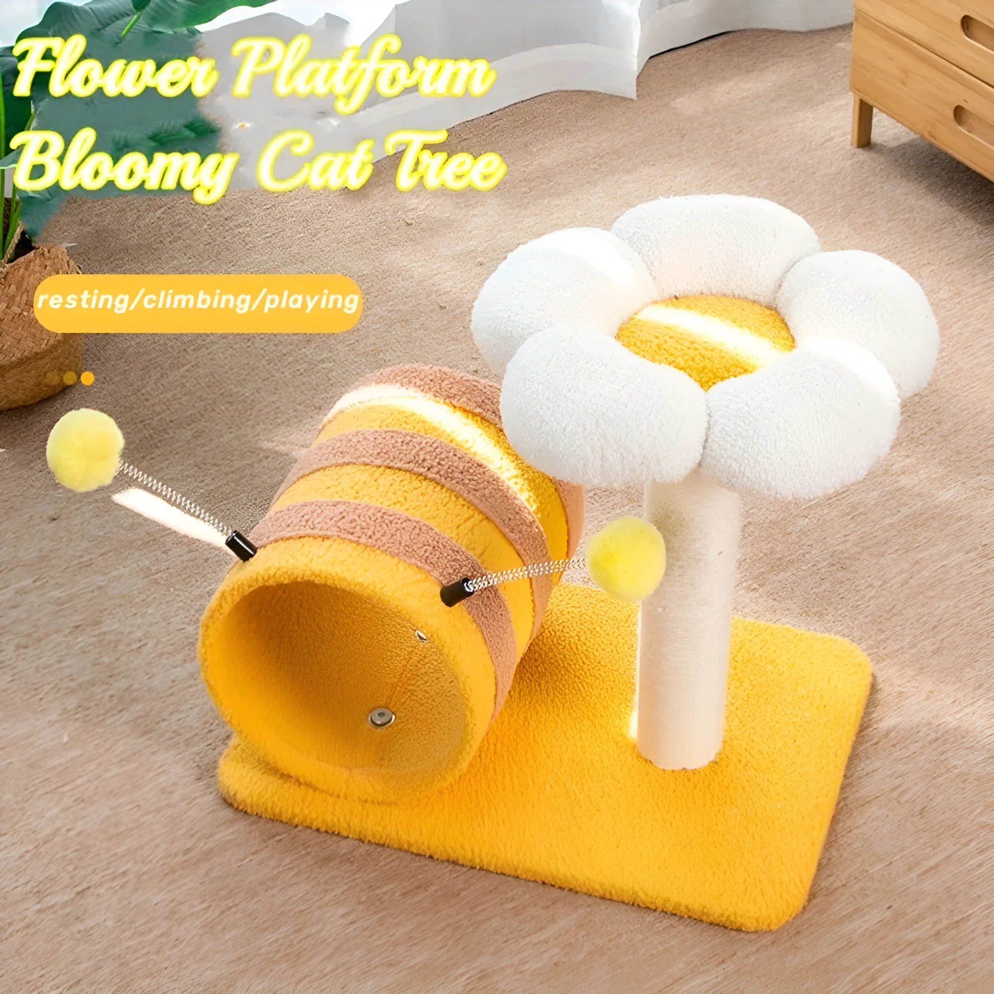 Yellow cat climbing frame with sisal scratching board and tunnel measuring 46x36x25cm